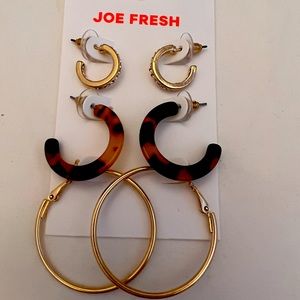 Joe Fresh 3 Pairs Of Pierce Hoops Gold Color Earrings Brand New